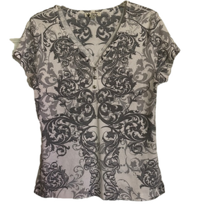 UNITY WORLD WEAR Damask Patterned Top, Women’s L, Gray White